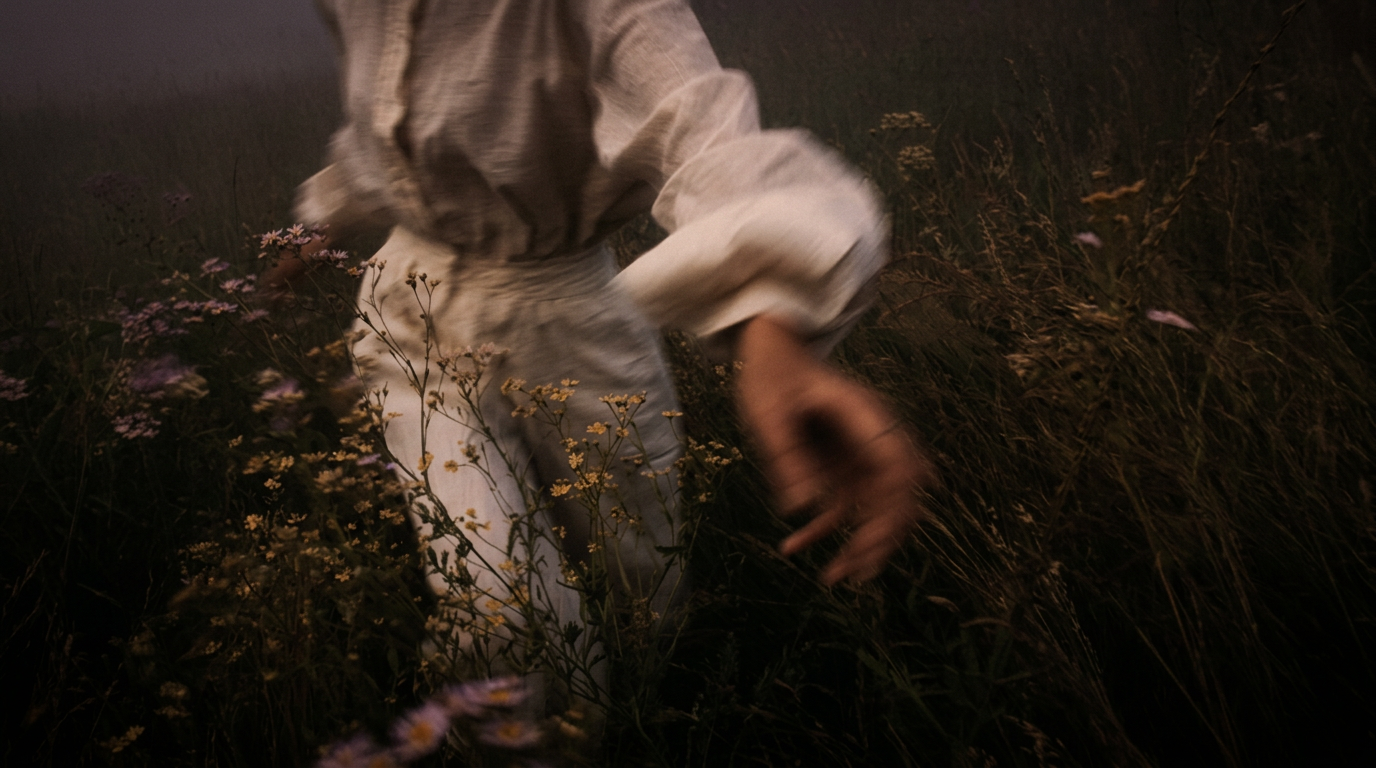 Mulher de vestido claro caminhando em um campo de flores ao entardecer