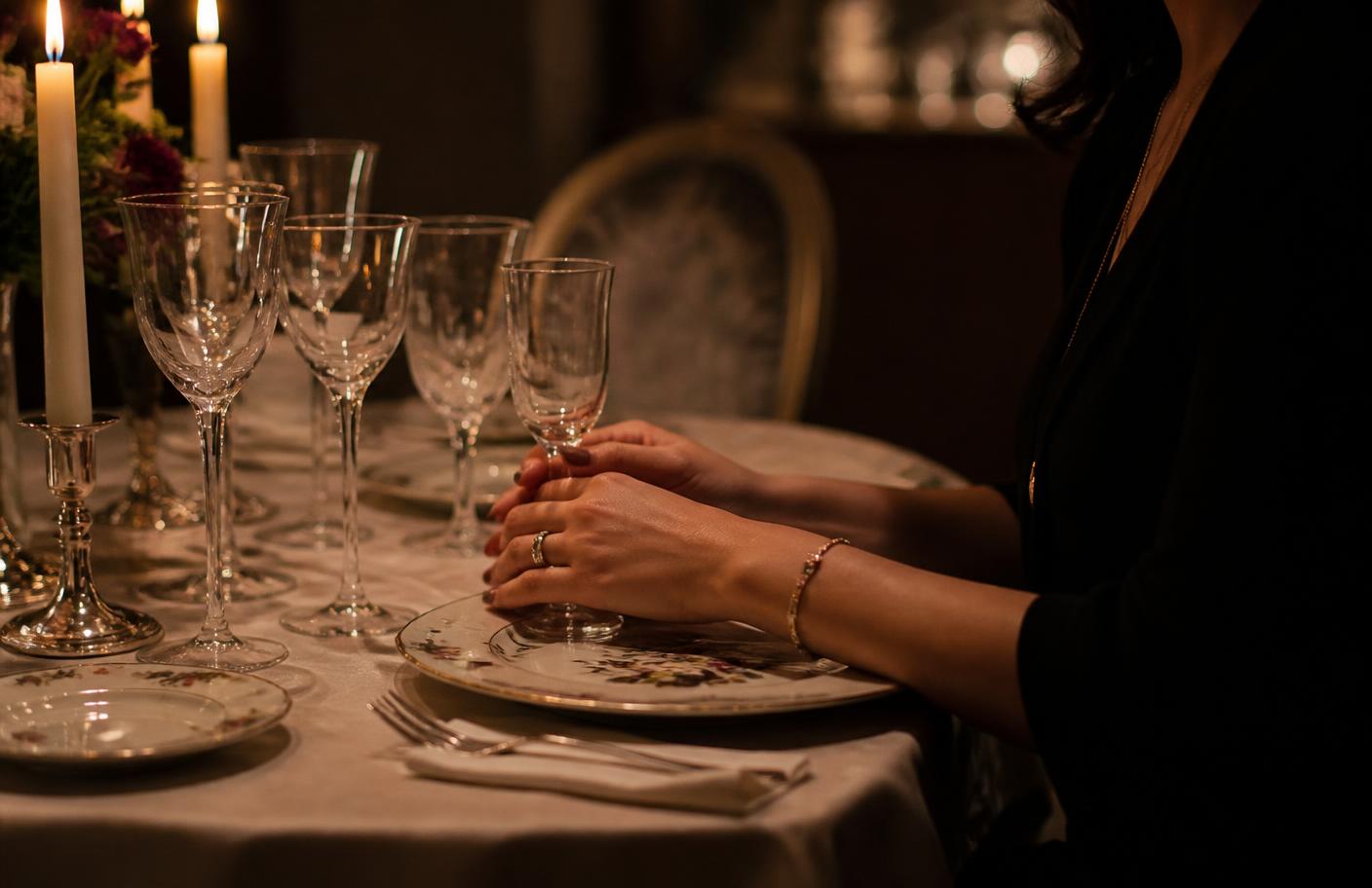 Mesa posta com louça fina, taças de cristal e velas acesas